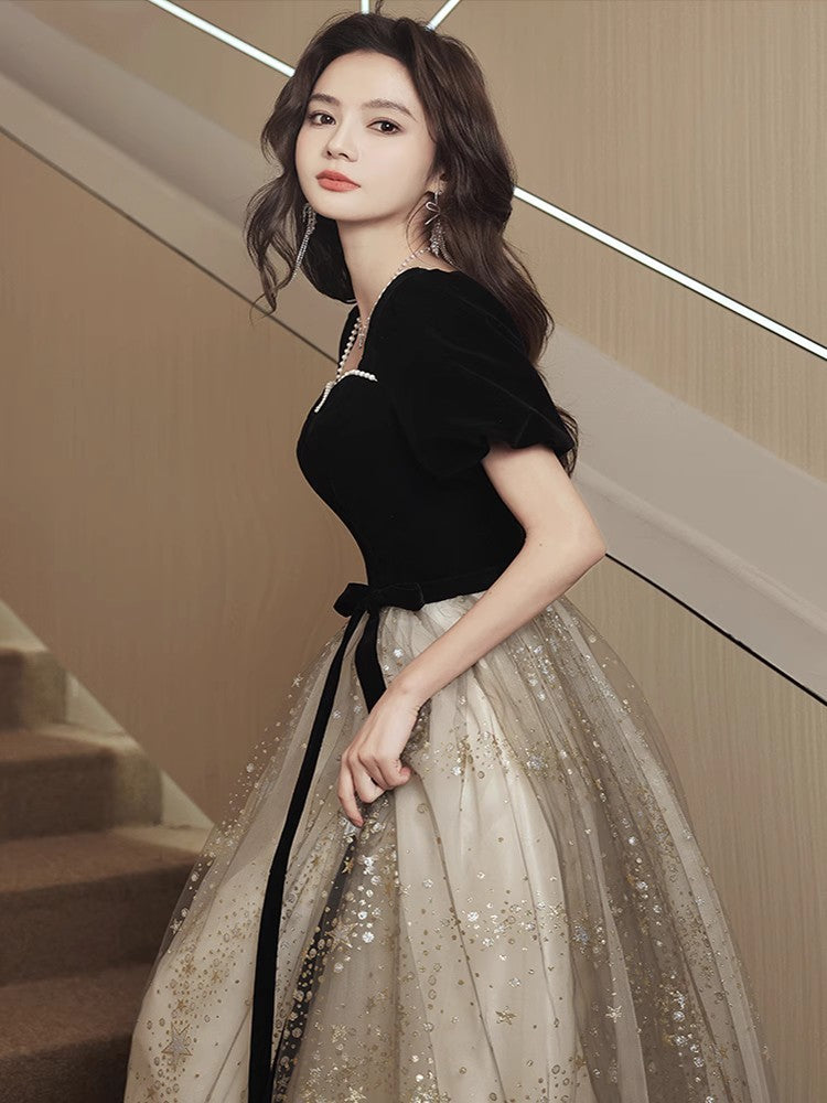 Vestido de noche negro, ligero y lujoso, de estilo francés para mujer.