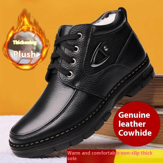 Zapatos de cuero gruesos y cálidos con forro polar para hombres de mediana edad y ancianos de invierno
