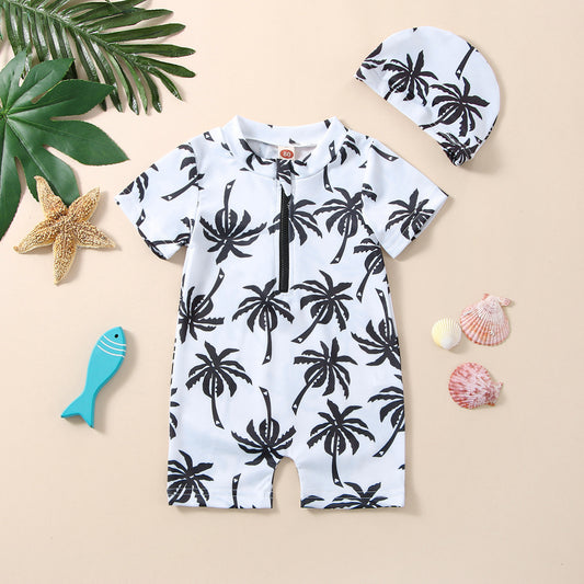 Traje de baño de una pieza de algodón para niño con estampado de cocoteros y sombrero con cinta