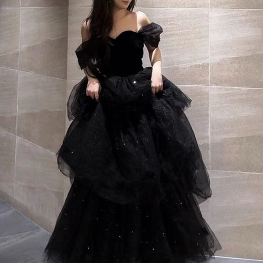 Vestido de noche negro ligero de lujo para minorías, estilo francés, enagua