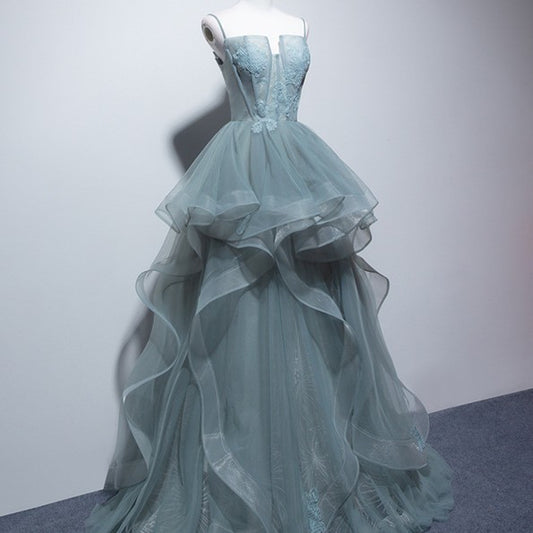 Vestido de noche con tirantes gris y verde para mujer
