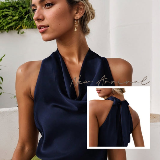 Camiseta sin mangas con cuello halter y espalda descubierta para mujer, elegante y moderna, de color liso, con cuello halter y manga corta