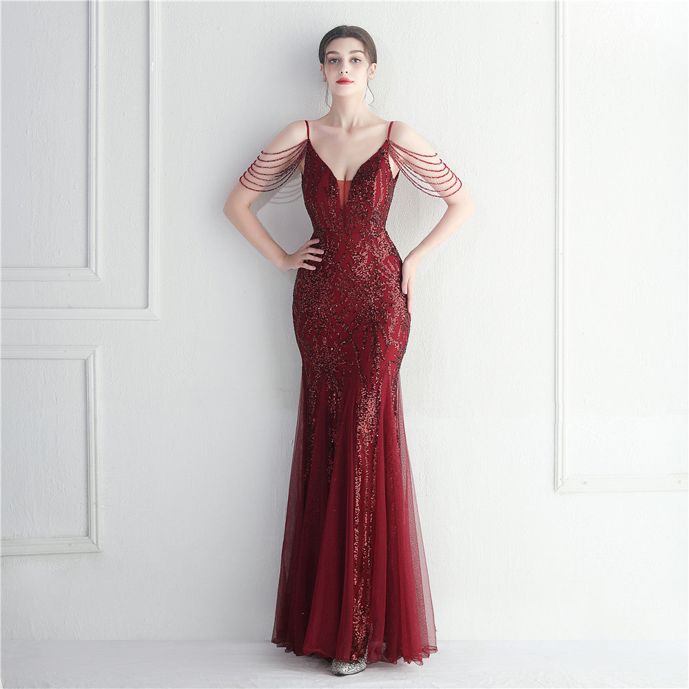 Vestido de noche largo camisola de malla con cuentas para novias y cenas de boda
