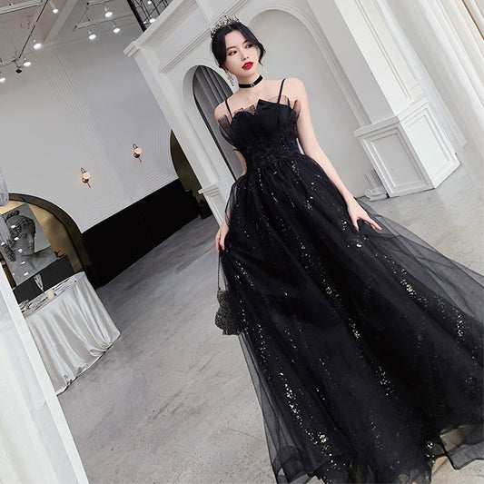 Vestido de noche negro temperamental de minoría de alta gama