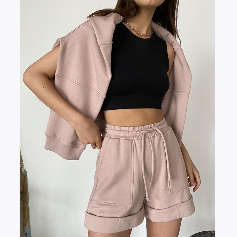 Women's Fashion Casual Solid Color Round Neck Long Sleeve Sweater Shorts Set