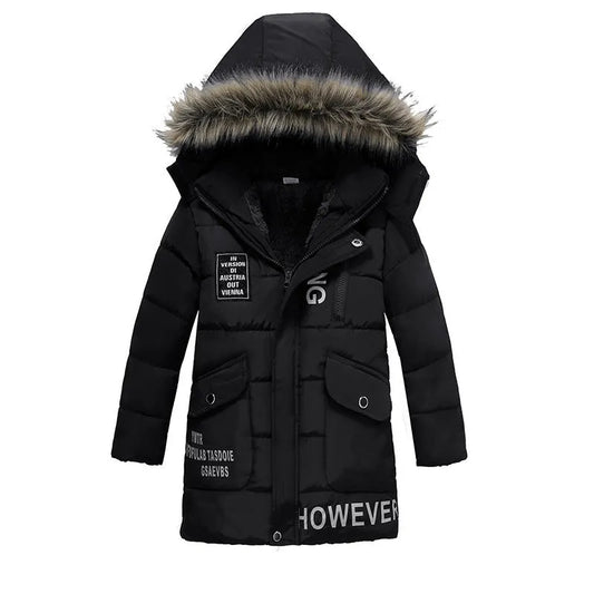Chaqueta de algodón cálida acolchada con cuello de piel grande para niños