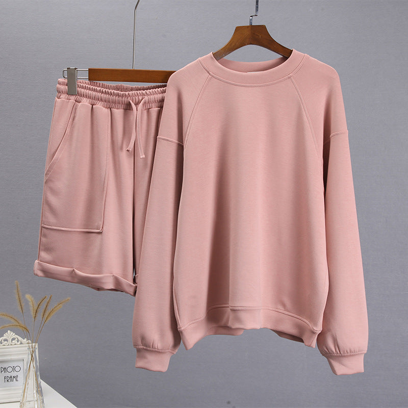 Women's Fashion Casual Solid Color Round Neck Long Sleeve Sweater Shorts Set