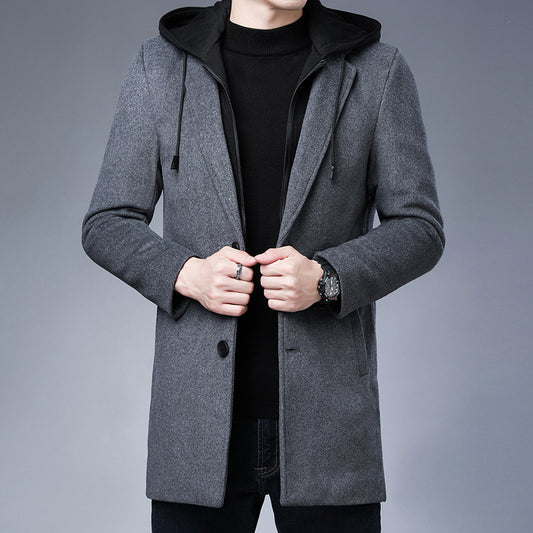 Chaqueta de abrigo de invierno de lana con capucha desmontable para hombre de longitud media con un solo pecho