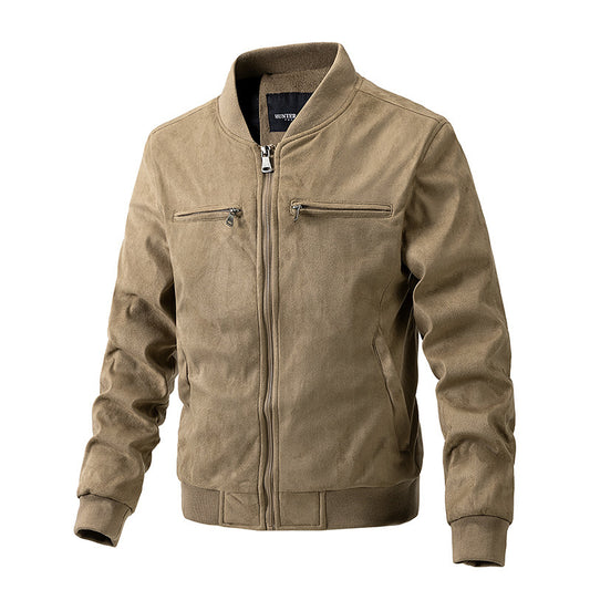 Chaqueta de ante con cuello alto para hombre Ropa con bolsillo con cremallera doble para hombre