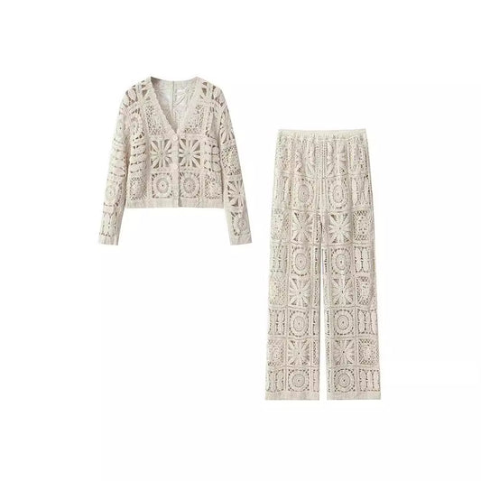 Women's Fashion Three-dimensional Hollow-out Crocheted V-neck Knitted Cardigan Wide-leg Lace Pants