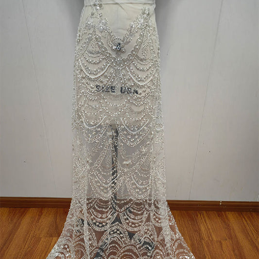 Vestido de novia de tela de encaje con cuentas y lentejuelas estilo ondulado