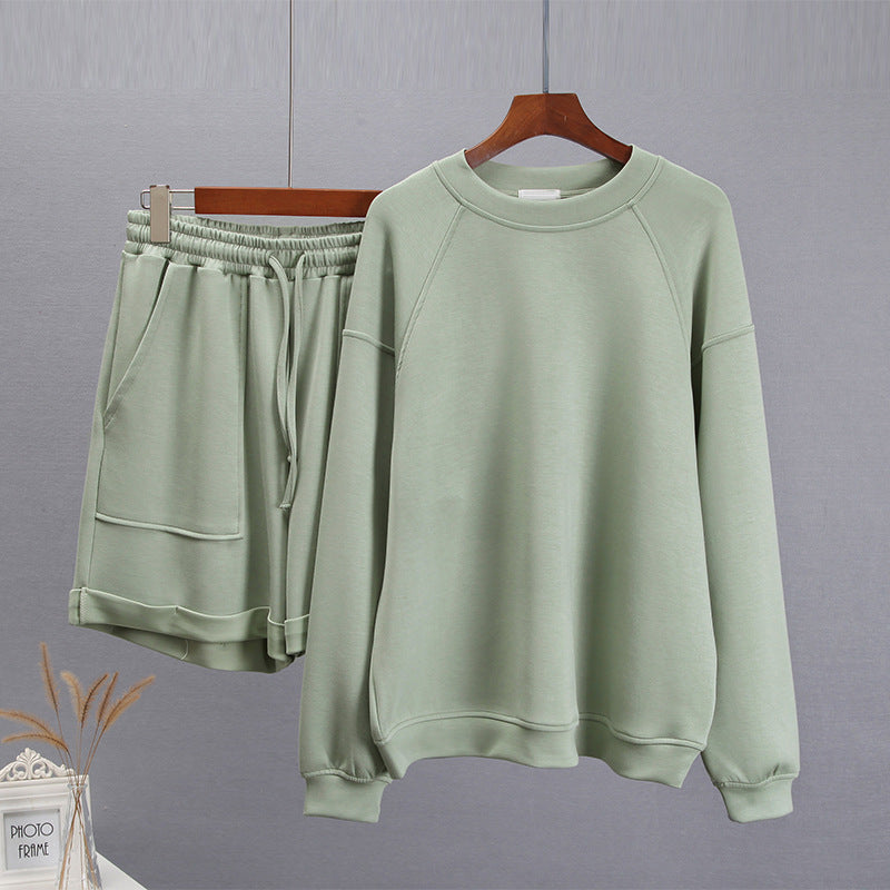 Women's Fashion Casual Solid Color Round Neck Long Sleeve Sweater Shorts Set