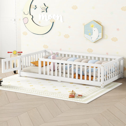 Cama individual de suelo con barandillas de seguridad y puerta para niños, color blanco
