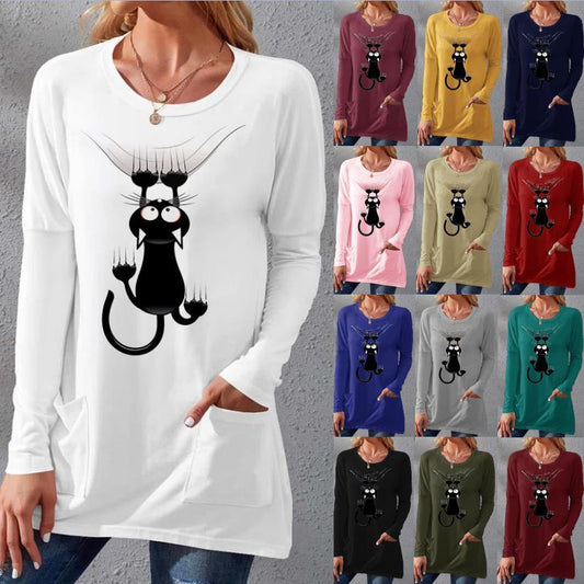 Women's Pocket Round Neck T-shirt Printed Loose Long Sleeve Dress
