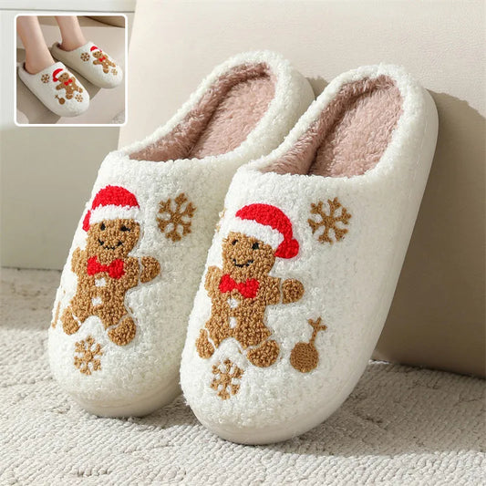 Zapatillas navideñas de pan de jengibre con copos de nieve para mujer, zapatos de casa peludos antideslizantes para interiores, para invierno