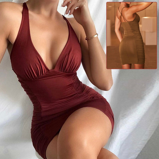Vestido sexy con escote en V profundo y espalda descubierta, con tirantes, ajustado a la cadera, corto, de verano, para mujer