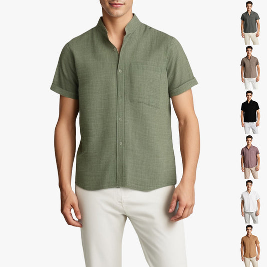 Camisa de solapa de manga corta de color liso, Top de algodón y lino transpirable de verano, ropa para hombre
