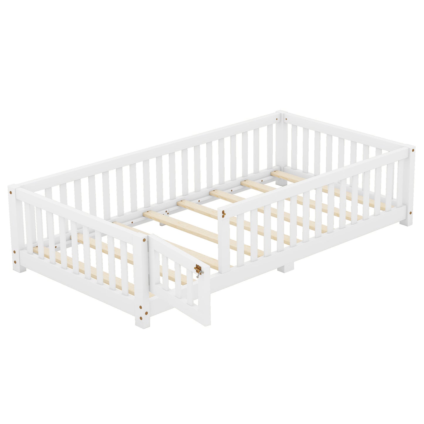 Twin Size Bed Floor Bed With Safety Guardrails And Door For Kids, White