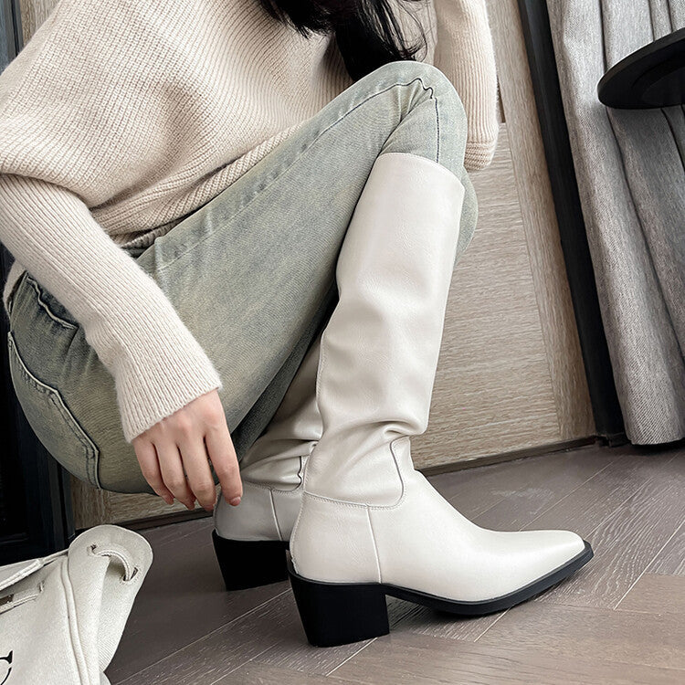 Botas altas de piel de vaca blanca con punta cuadrada, tacón medio y tacón grueso, estilo británico, con cremallera trasera