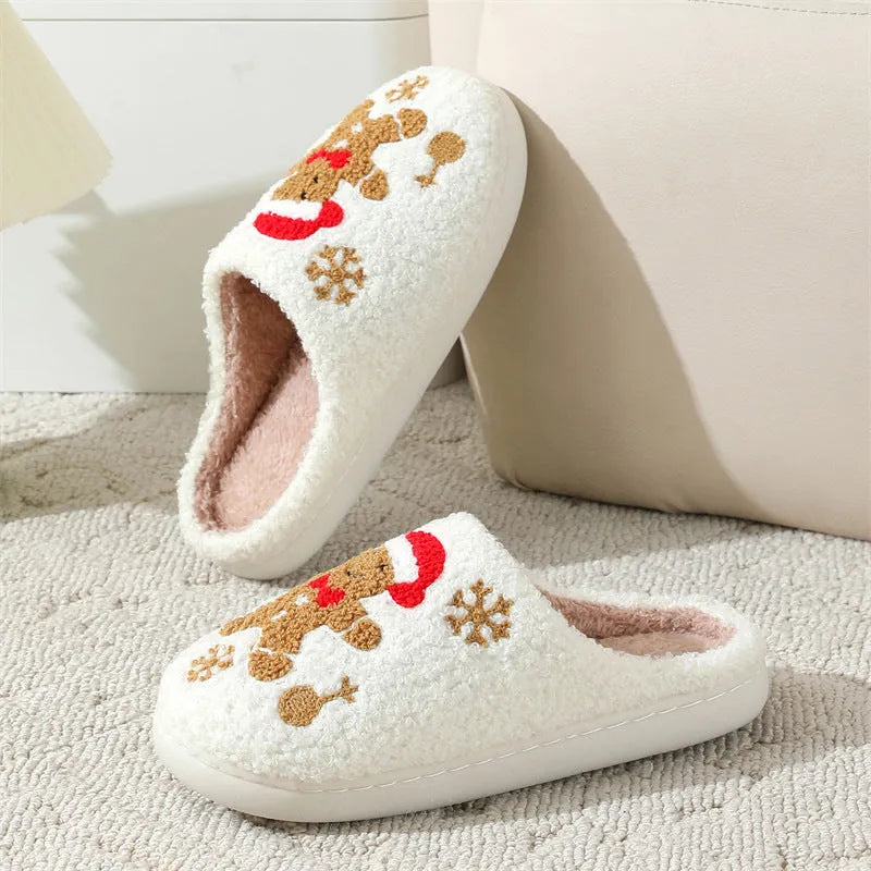 Zapatillas navideñas de pan de jengibre con copos de nieve para mujer, zapatos de casa peludos antideslizantes para interiores, para invierno