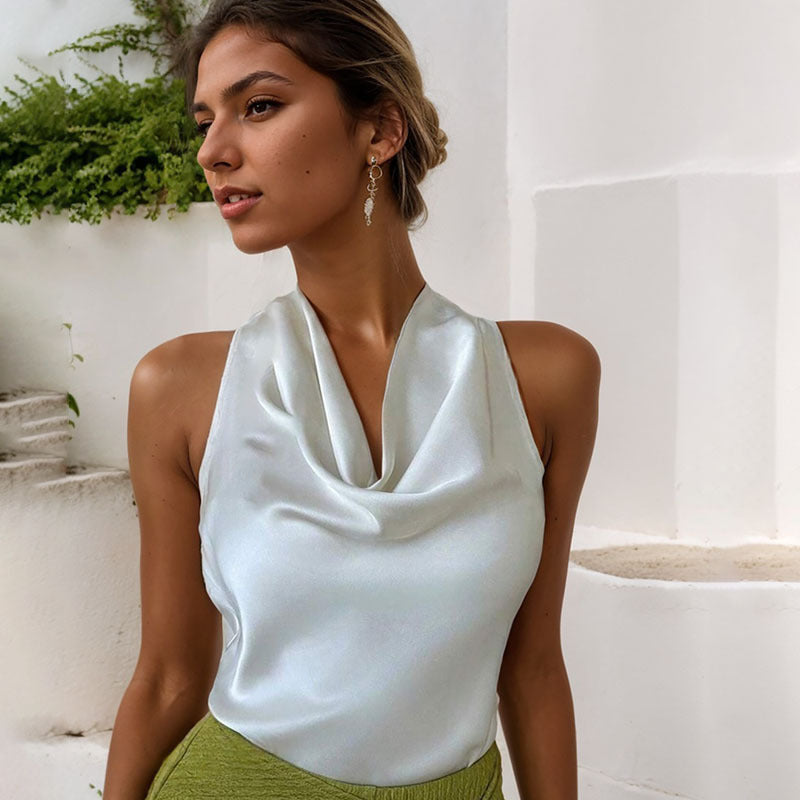 Camiseta sin mangas con cuello halter y espalda descubierta para mujer, elegante y moderna, de color liso, con cuello halter y manga corta
