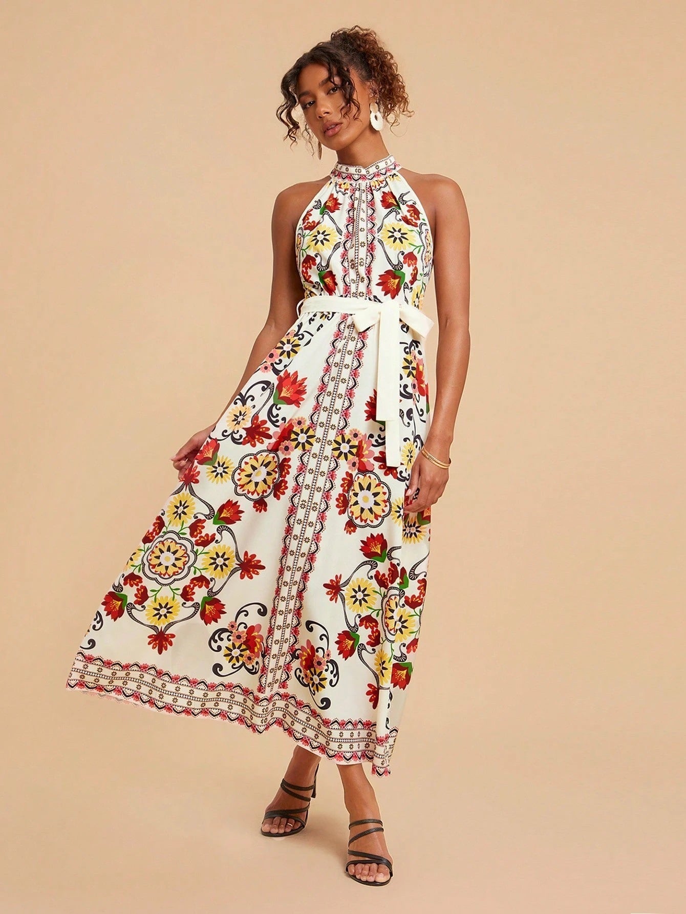 Women's Floral Print Lace-up Sleeveless Mid-length Dress