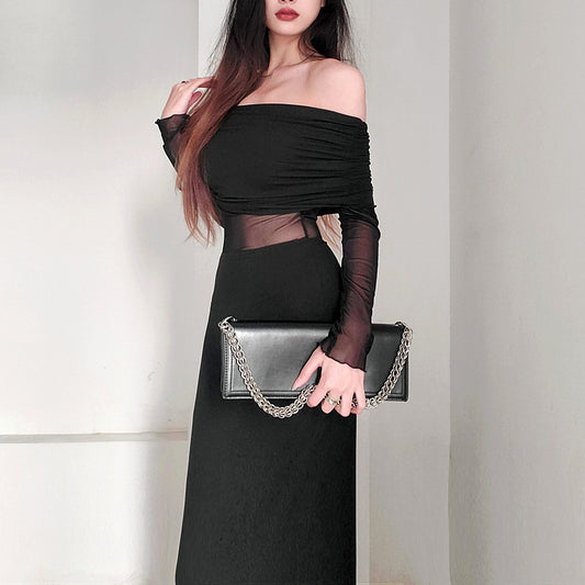 Vestido de poliéster de manga larga, plisado, con hombros descubiertos y sexy para mujer, de invierno