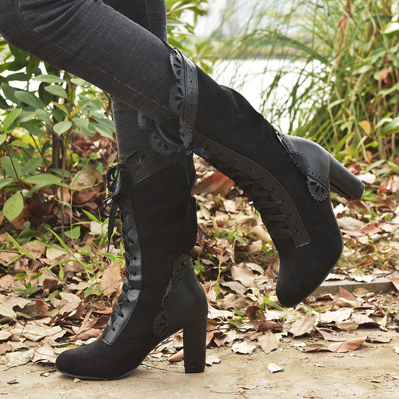 Botas de cuero de tacón grueso para mujer, nuevas, de otoño e invierno, de talla grande