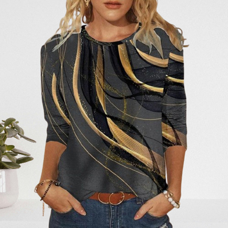 Camiseta de manga larga holgada con cuello redondo y estampado abstracto para mujer