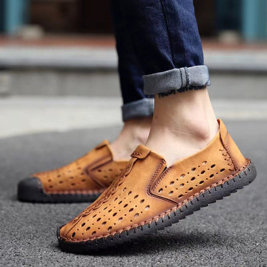 Zapatos de hombre transpirables y huecos con costuras a mano Gommino
