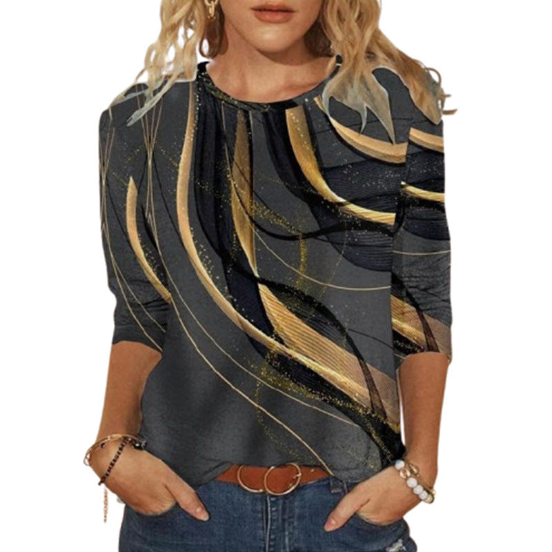 Camiseta de manga larga holgada con cuello redondo y estampado abstracto para mujer