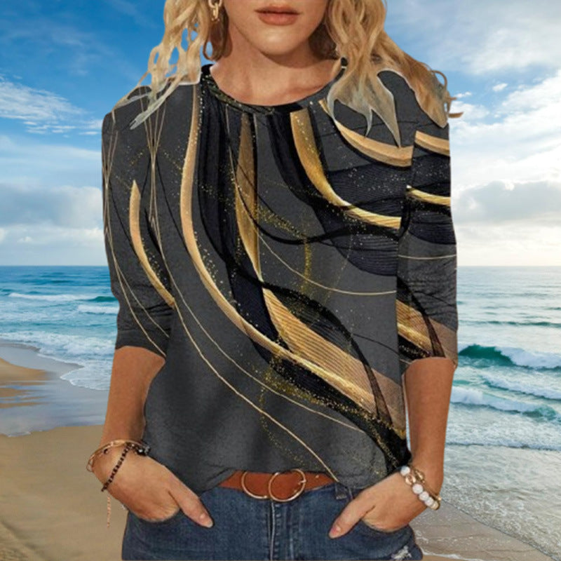 Camiseta de manga larga holgada con cuello redondo y estampado abstracto para mujer
