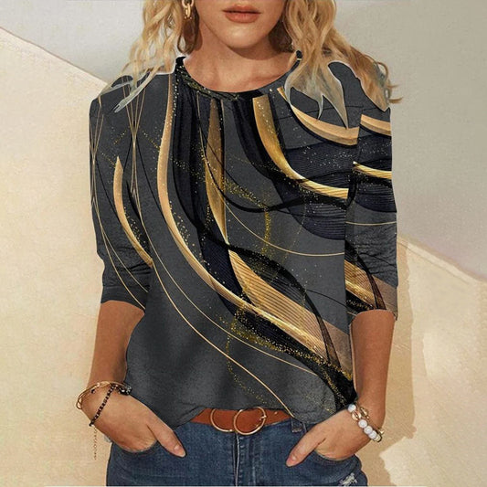 Camiseta de manga larga holgada con cuello redondo y estampado abstracto para mujer