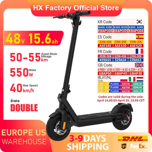 HX X9 Adult Electric Scooter 15.6AH 550W 48V 40KM/H Foldable Electric Kick Scooter 10 Inch E Scooter Electric Skateboard