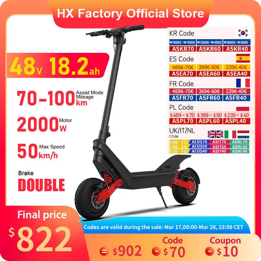 HX X10 18.2AH Electric Scooter 2000W 50KM/H Foldable Electric Kick E Scooter Dual Motors 11 Inch Escooter for Adults