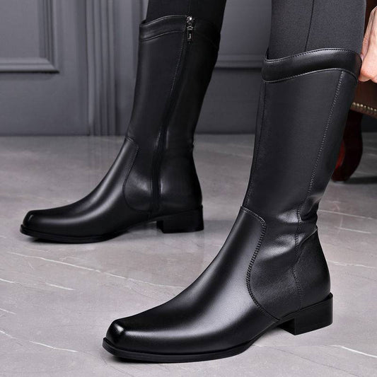 Botas de cuero de caña alta de negocios con punta puntiaguda para hombre