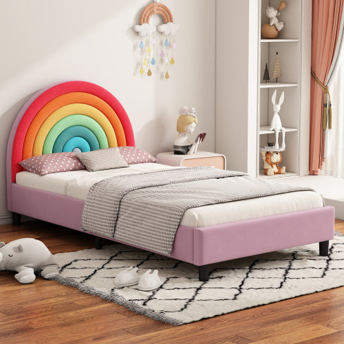 Cama individual tapizada con diseño de arcoíris, estilo princesa, para niños, niñas y adolescentes.