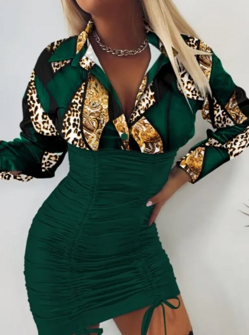 Vestido plisado con cordón ajustable y estampado para mujer