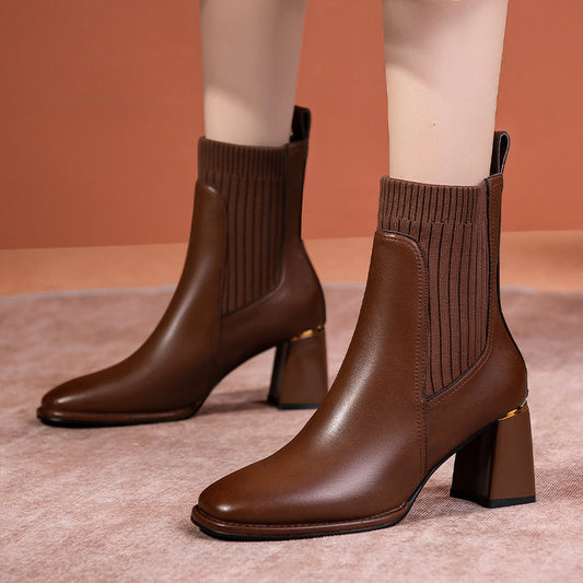 Zapatos de mujer retro de tubo medio con tacón grueso y punta redonda