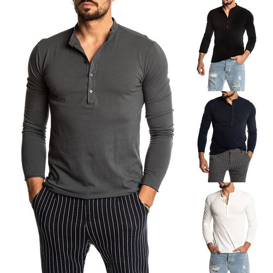 Camisetas con cuello redondo y manga larga de color liso a la moda para hombre
