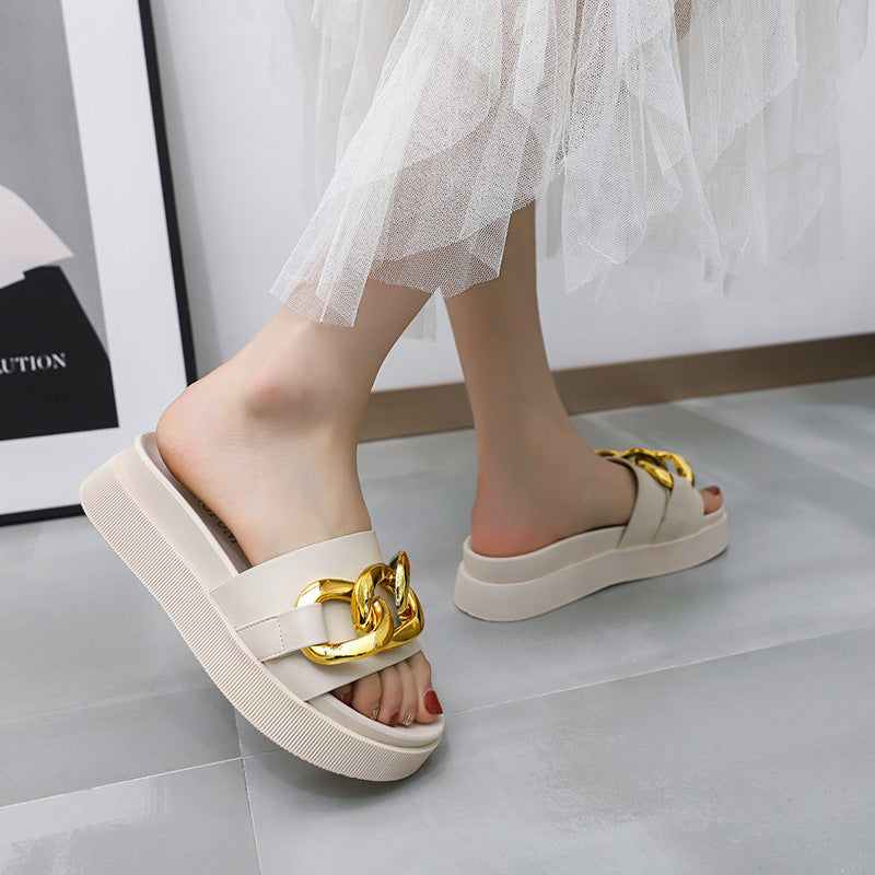 Summer New Style Metal Chain Flat-bottomed Lazy Beach Flip-flop Women