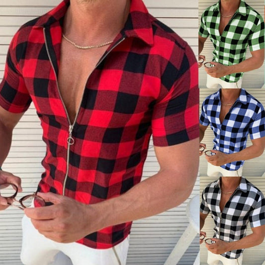 Camiseta a cuadros para hombre con cremallera camisas de manga corta ropa de verano para hombres