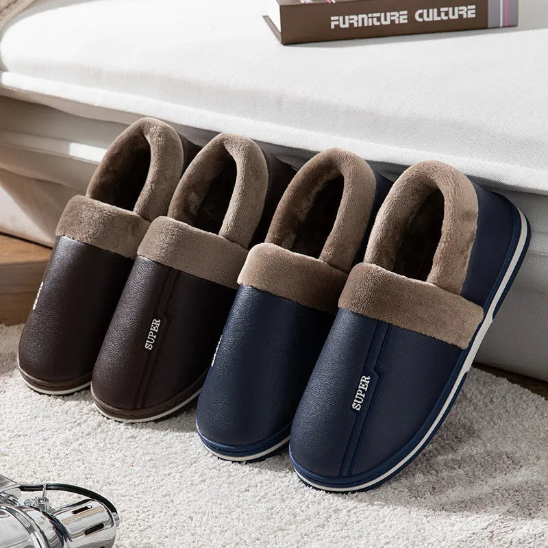 Zapatillas de cuero impermeables con fondo grueso, zapatos cálidos antideslizantes para interiores