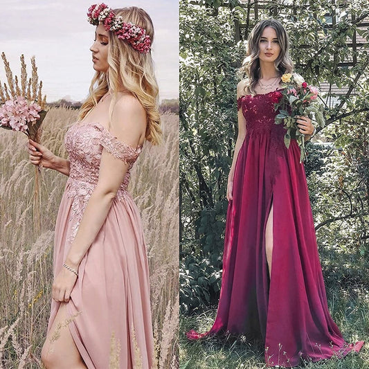 Vestido de fiesta largo con hombros descubiertos y abertura de encaje para mujer
