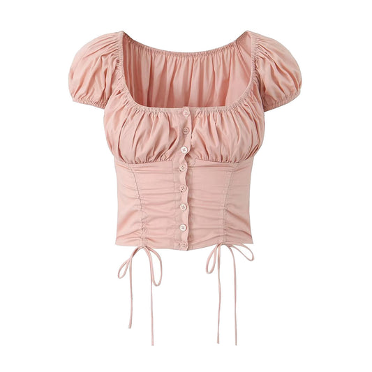 Top corto de mujer con cordón ajustable, botones de concha, moderno y combinable