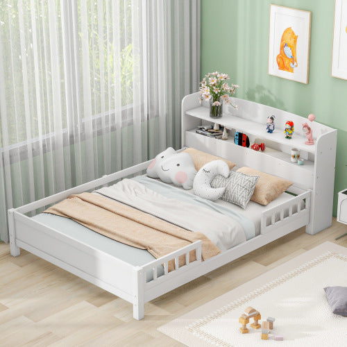 Cama de plataforma de madera tamaño completo con luz LED incorporada, cabecero con espacio de almacenamiento y barandilla, color blanco