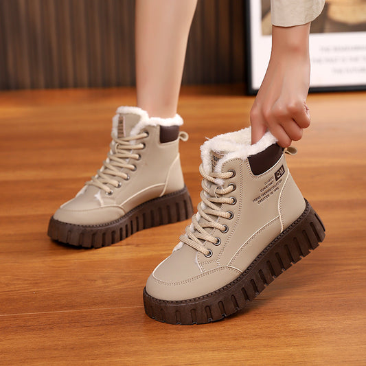 Botas de nieve con cordones Ins para mujer, zapatos planos de lana cálidos de invierno, botines de felpa informales a la moda
