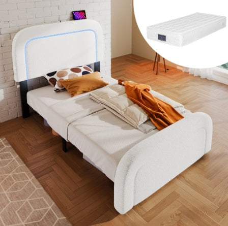 El marco de cama de madera tiene un colchón de 90 cm x 200 cm.