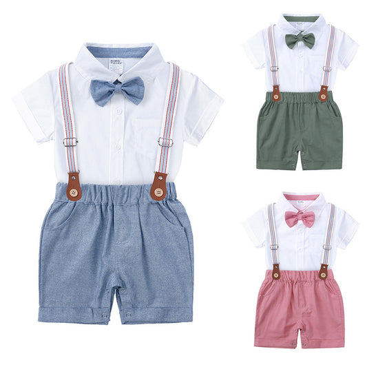 Conjunto de pantalones cortos con lazo y tirantes en la espalda para caballero niño