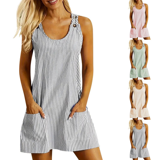 Vestido corto informal de verano a rayas con cuello en U, sin mangas, con bolsillos y botones en la espalda, recto y adelgazante para mujer